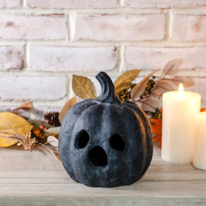 Black Terracotta Ghost Face Pumpkin, Feathered Farmhouse