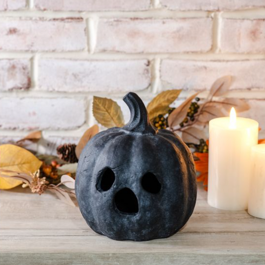 Black Terracotta Ghost Face Pumpkin, Feathered Farmhouse