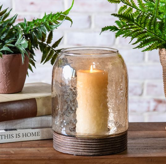 Glass and Wood Hurricane, Feathered Farmhouse
