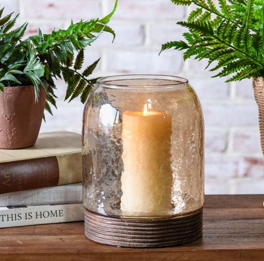 Glass and Wood Hurricane, Feathered Farmhouse