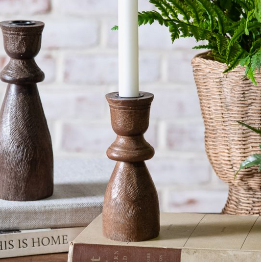 Dark Wood Taper Holder, Feathered Farmhouse