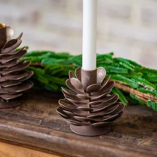 Brown Wash Pinecone Candle Holder, Feathered Farmhouse