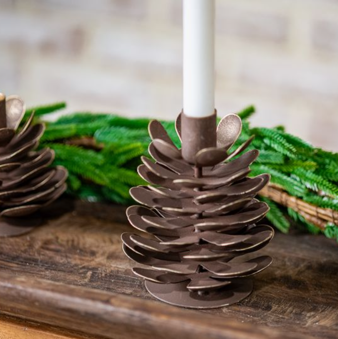 Brown Wash Pinecone Candle Holder, Feathered Farmhouse