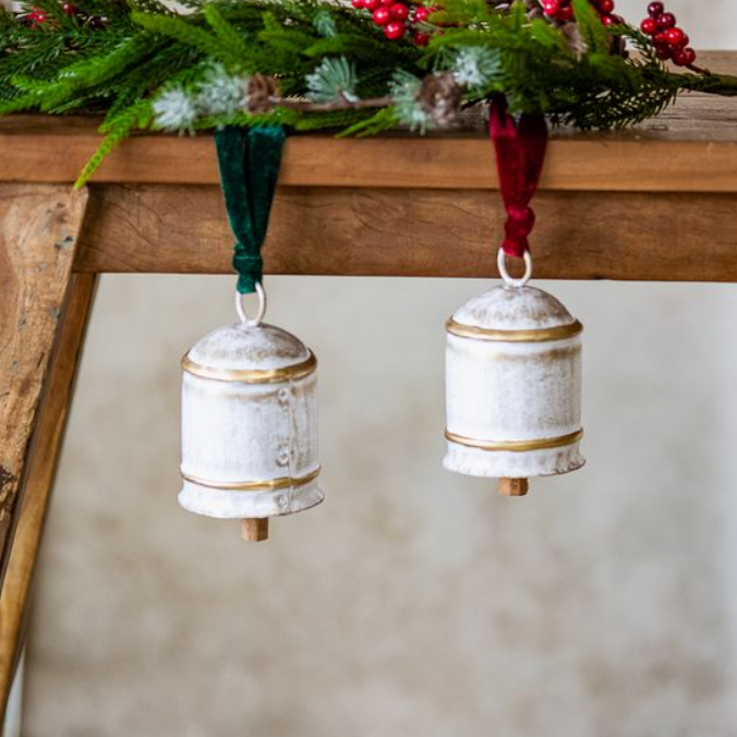 White Holiday Cow Bell, Feathered Farmhouse
