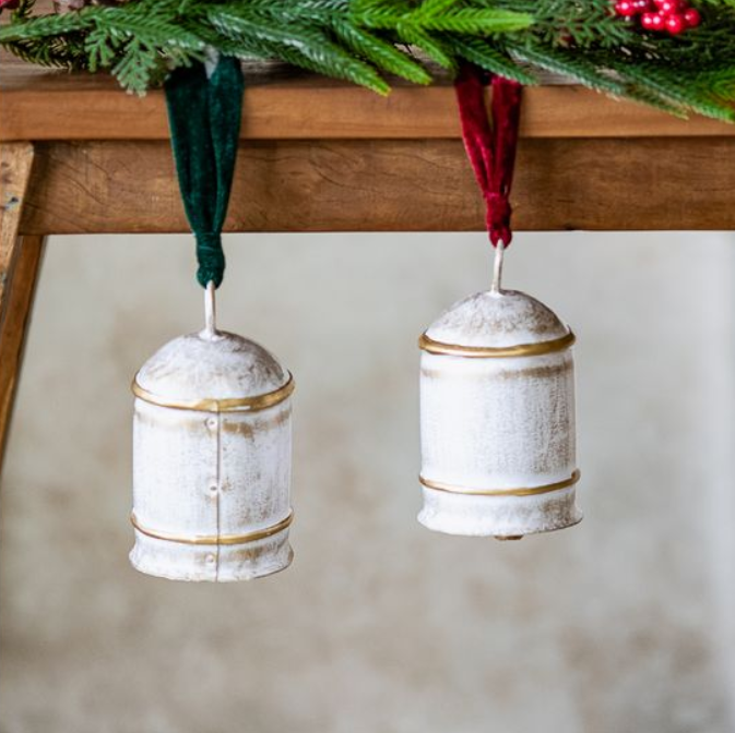 White Holiday Cow Bell, Feathered Farmhouse