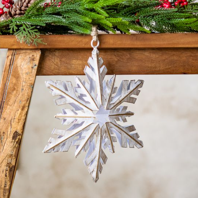 White & Gold Snowflake Hanger, Feathered Farmhouse
