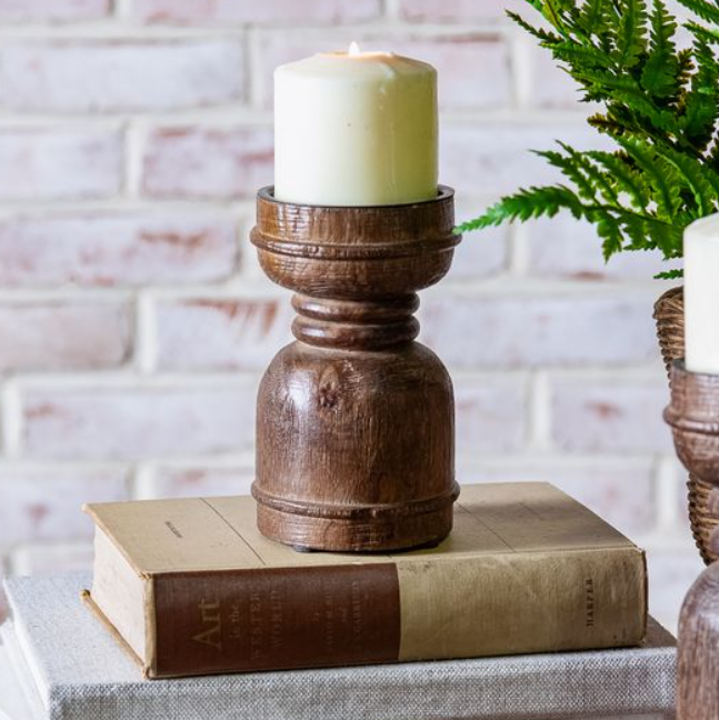 Dark Wood Column Candle Holder