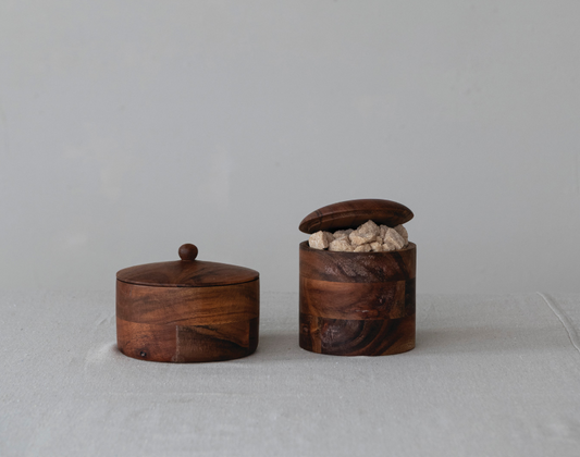 Acacia Wood Container with Lid, Feathered Farmhouse