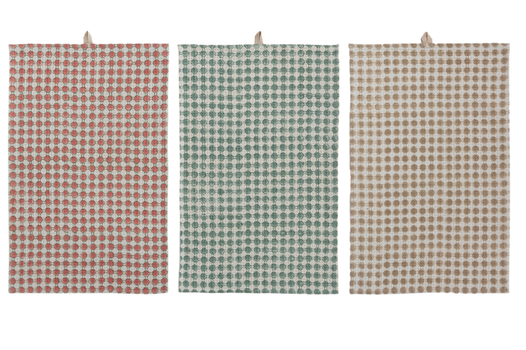 Cotton Waffle Weave Tea Towel with Circle Pattern, Feathered Farmhouse