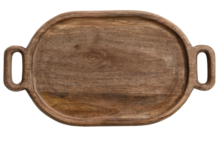 Oval Mango Wood Tray with Handles, Feathered Farmhouse
