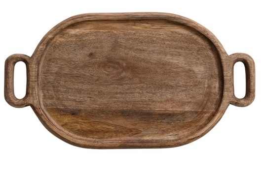 Oval Mango Wood Tray with Handles, Feathered Farmhouse