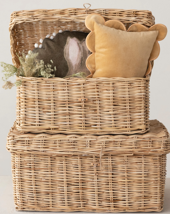 Hand Woven Rattan Box with Lid, Feathered Farmhouse