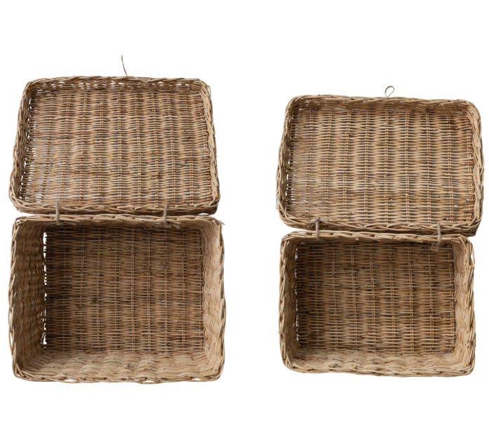Hand Woven Rattan Box with Lid, Feathered Farmhouse