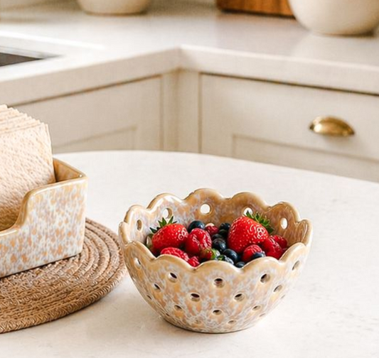 Beige Ceramic Berry Bin, Feathered Farmhouse