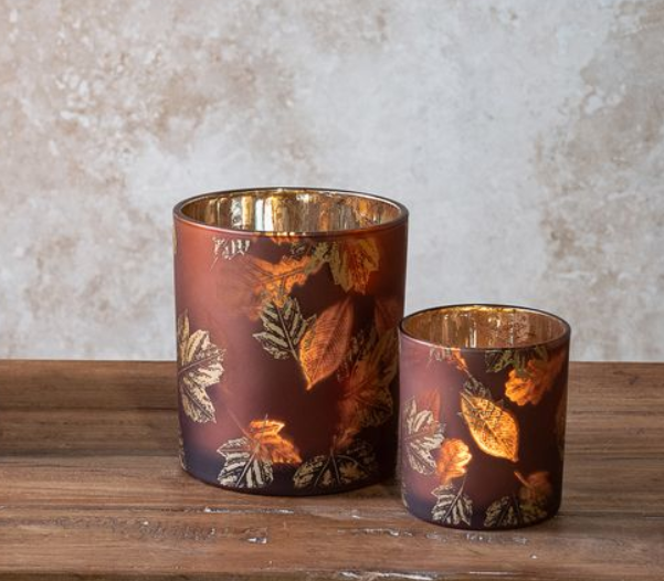 Brown Leaf Glass Candle Holder, Feathered Farmhouse