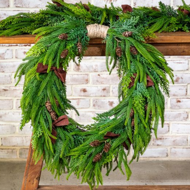 Mixed Green Cascading Wreath, Feathered Farmhouse