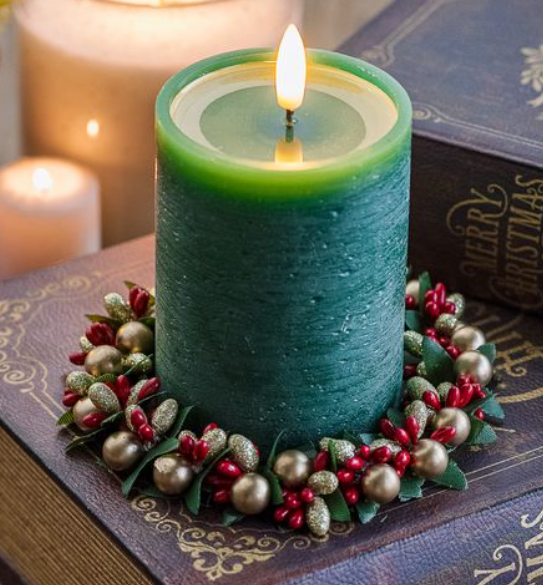 Red & Gold Berry Candle Ring, Feathered Farmhouse