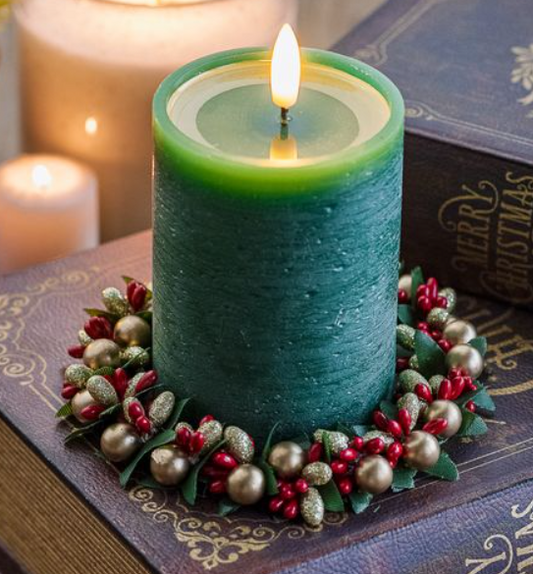 Red & Gold Berry Candle Ring, Feathered Farmhouse