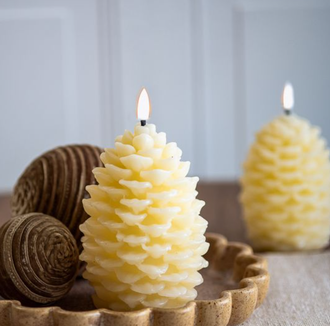 Ivory LED Pinecone Candle, Feathered Farmhouse