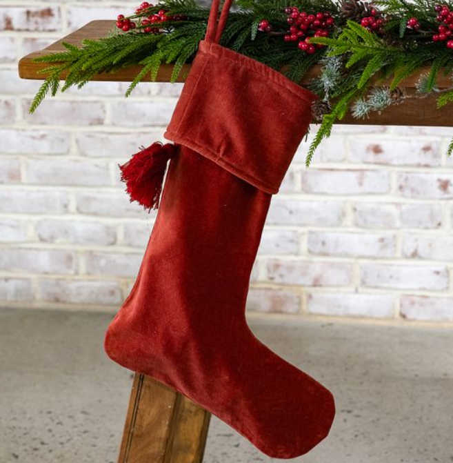 Dark Red Velvet Stocking, Feathered Farmhouse