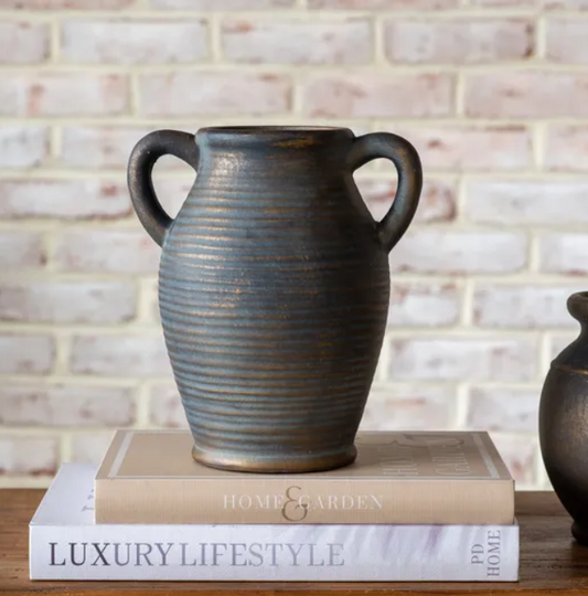Antique Bronze Two Handled Vase, Feathered Farmhouse