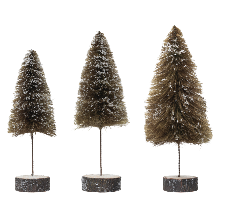 Snow Finished Bottle Brush Tree with Wood Slice Base