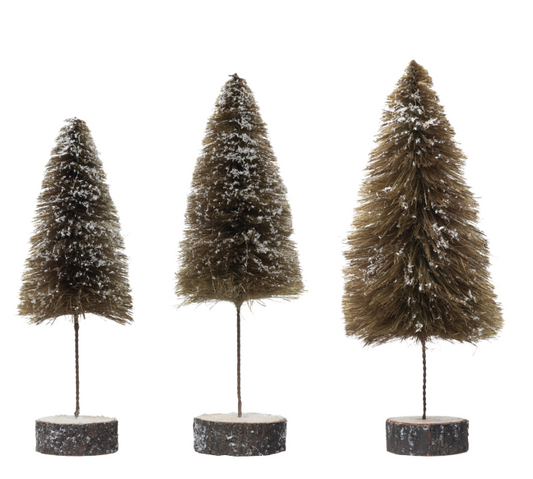 Snow Finished Bottle Brush Tree with Wood Slice Base