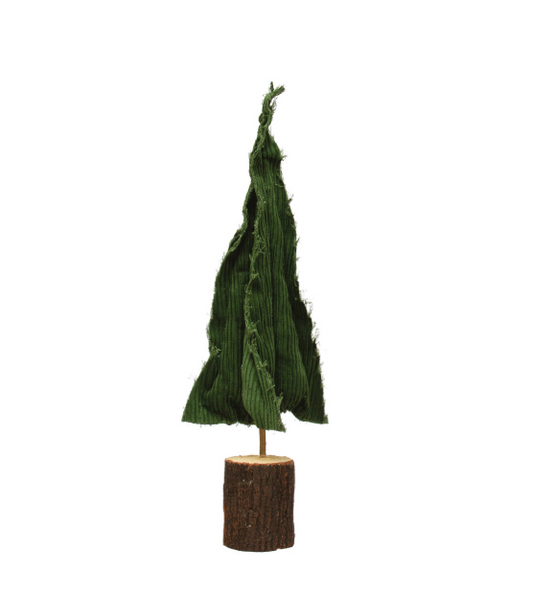 Raw-Edged Corduroy Tree with Wood Slice Base, Feathered Farmhouse