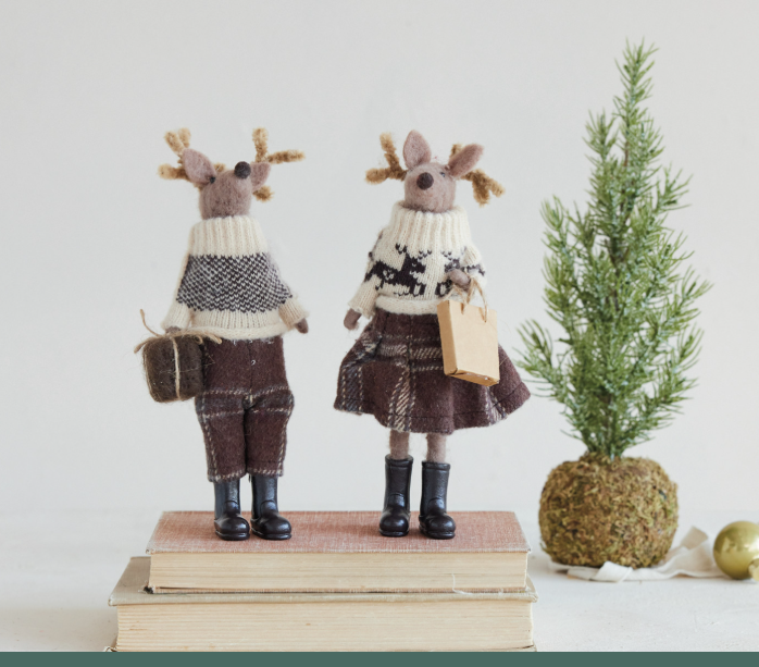 Wool Felt Deer in Clothes & Resin Boots with Present, The Feathered Farmhouse