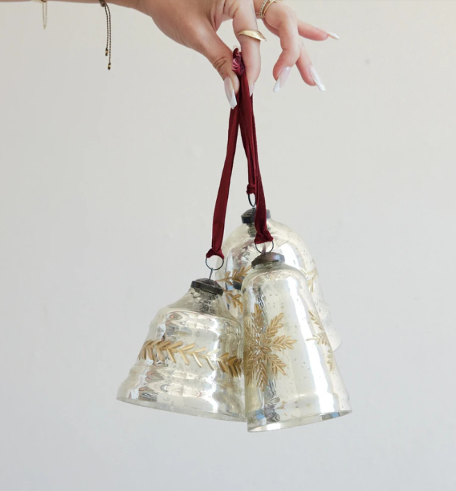 Etched Mercury Glass Bell Shaped Ornament with Burgundy Velvet Ribbon Hanger, The Feathered Farmhouse