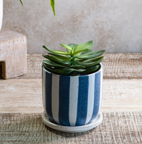 Matte Blue Stripe Ceramic Planter, Feathered Farmhouse
