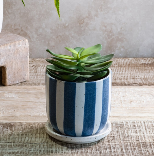 Matte Blue Stripe Ceramic Planter, Feathered Farmhouse