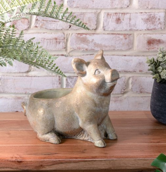 Gold Wash Happy Pig Planter, Feathered Farmhouse