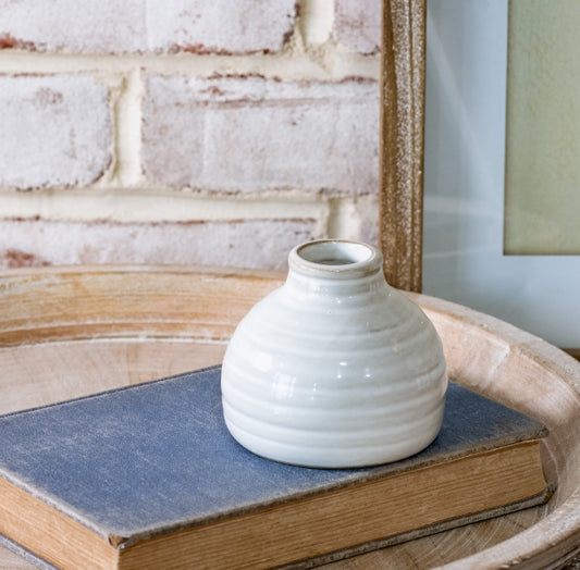 Small White Bud Vase, Feathered Farmhouse