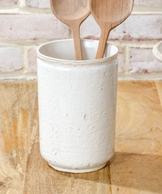 White Ceramic Utensil Holder, Feathered Farmhouse