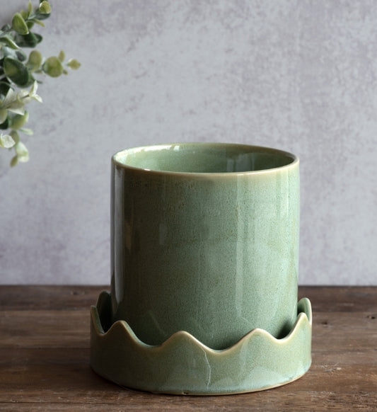 Light Green Planter with Saucer, Feathered Farmhouse