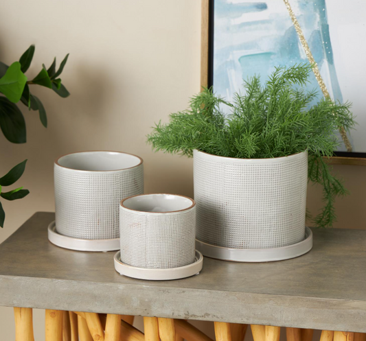 White Geometric Pattern Planters, Feathered Farmhouse