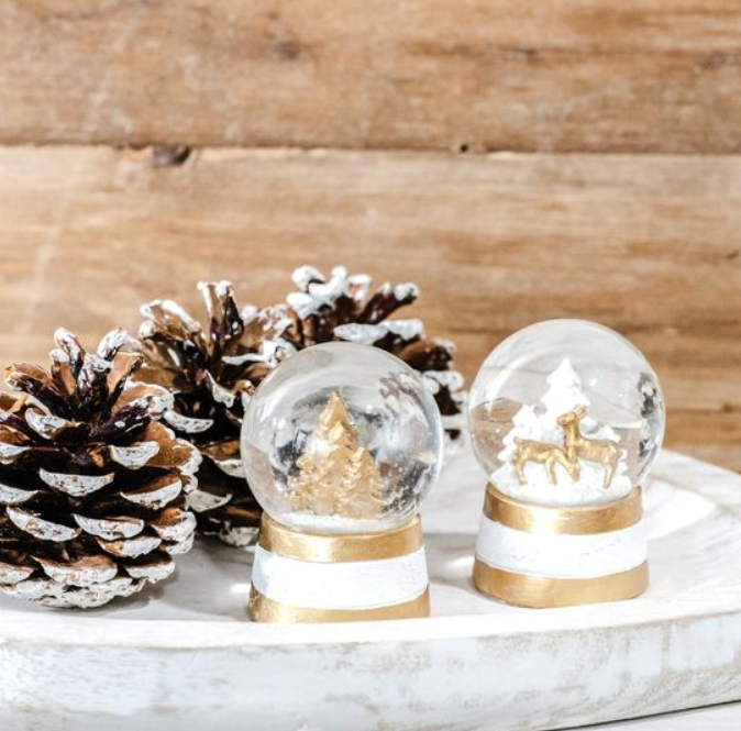 Gold Base Mini Deer + Tree Snowglobes, Feathered Farmhouse