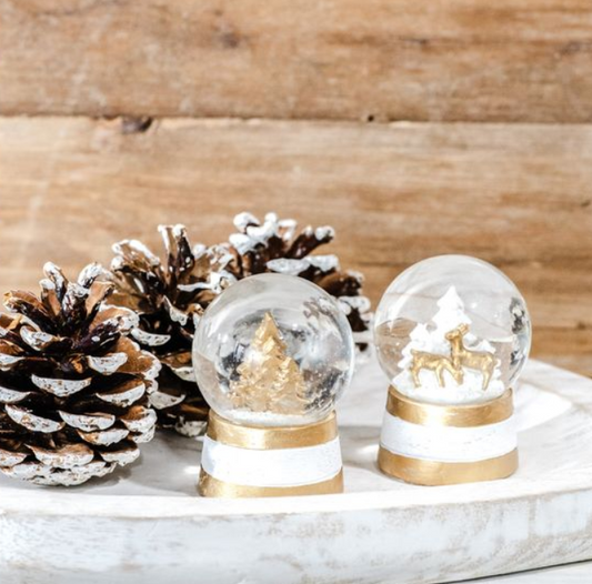 Gold Base Mini Deer + Tree Snowglobes, Feathered Farmhouse