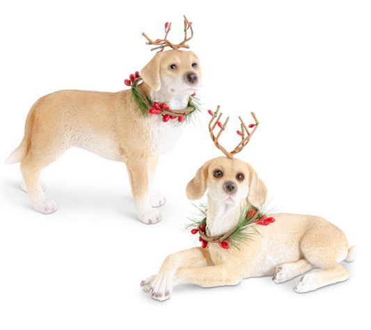Brown Dog with Antlers + Wreath, Feathered Farmhouse