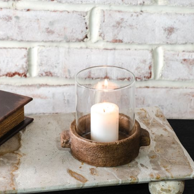 Cement Base Glass Candle Holder, Feathered Farmhouse