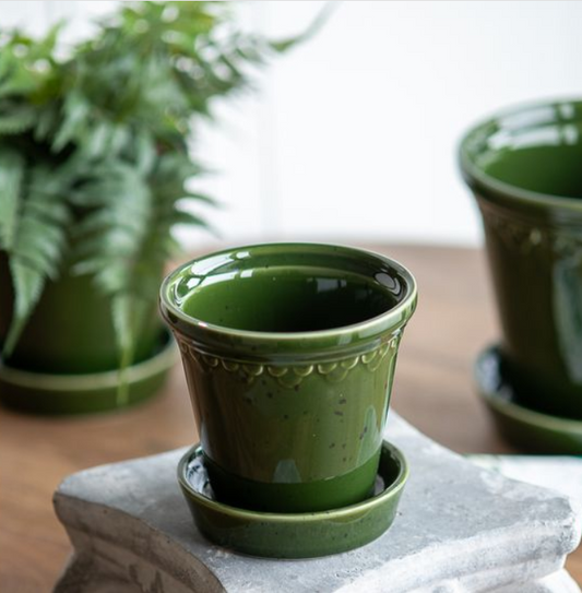 Green Ceramic Planter, Feathered Farmhouse