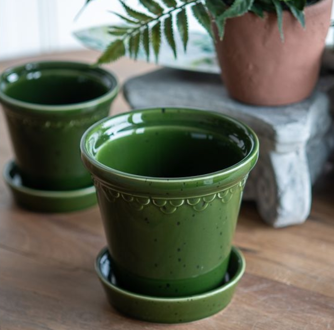 Green Ceramic Planter, Feathered Farmhouse