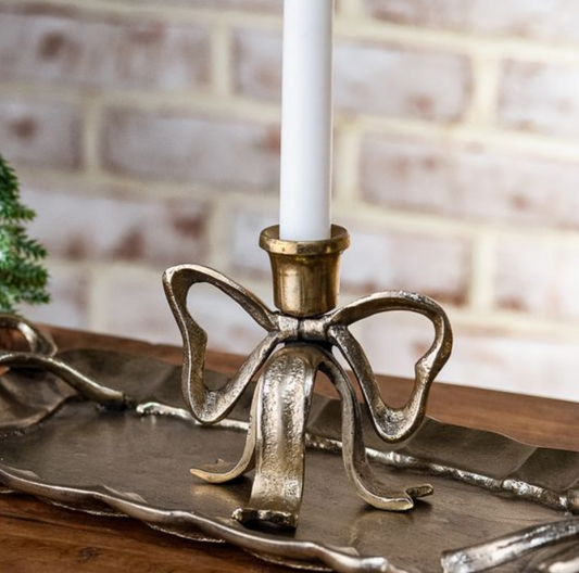 Gold Bow Candle Holder, Feathered Farmhouse