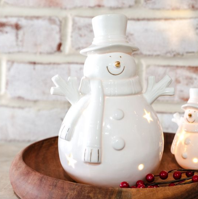 White Happy LED Snowman, Feathered Farmhouse