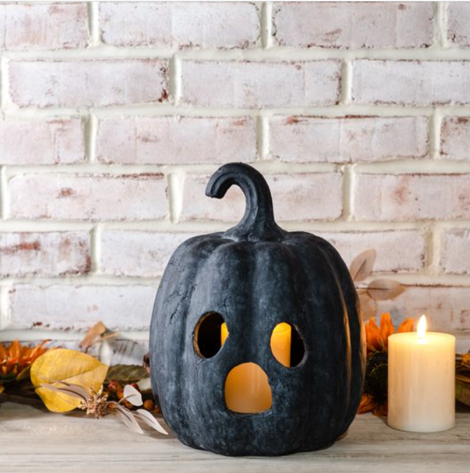 Black Terracotta Ghost Face Pumpkin, Feathered Farmhouse