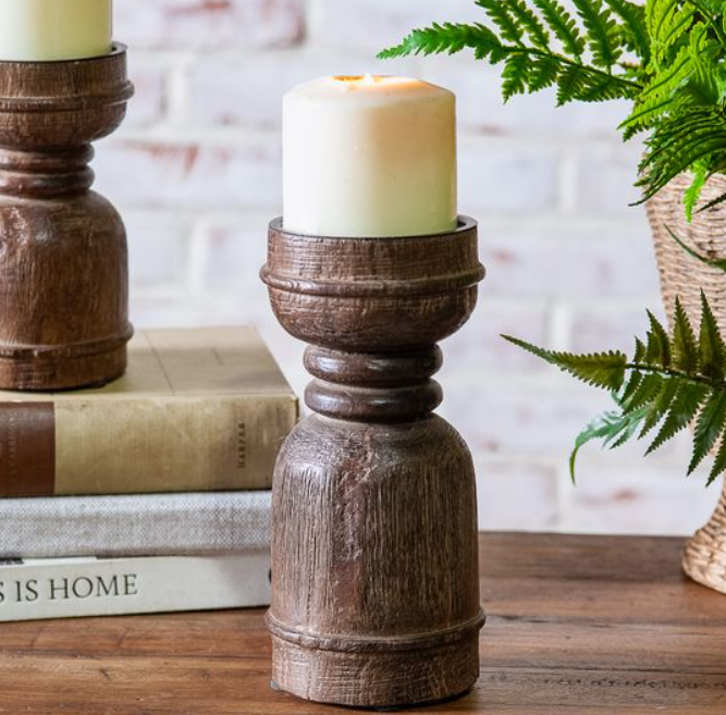 Dark Wood Column Candle Holder