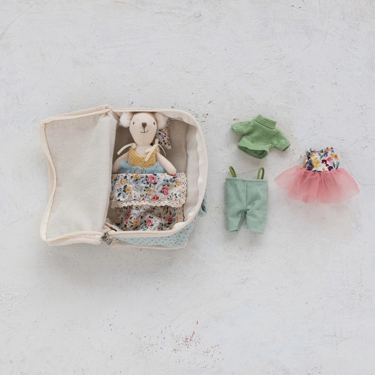 Fabric Suitcase Bed with Plush Bear & Outfits, Feathered Farmhouse
