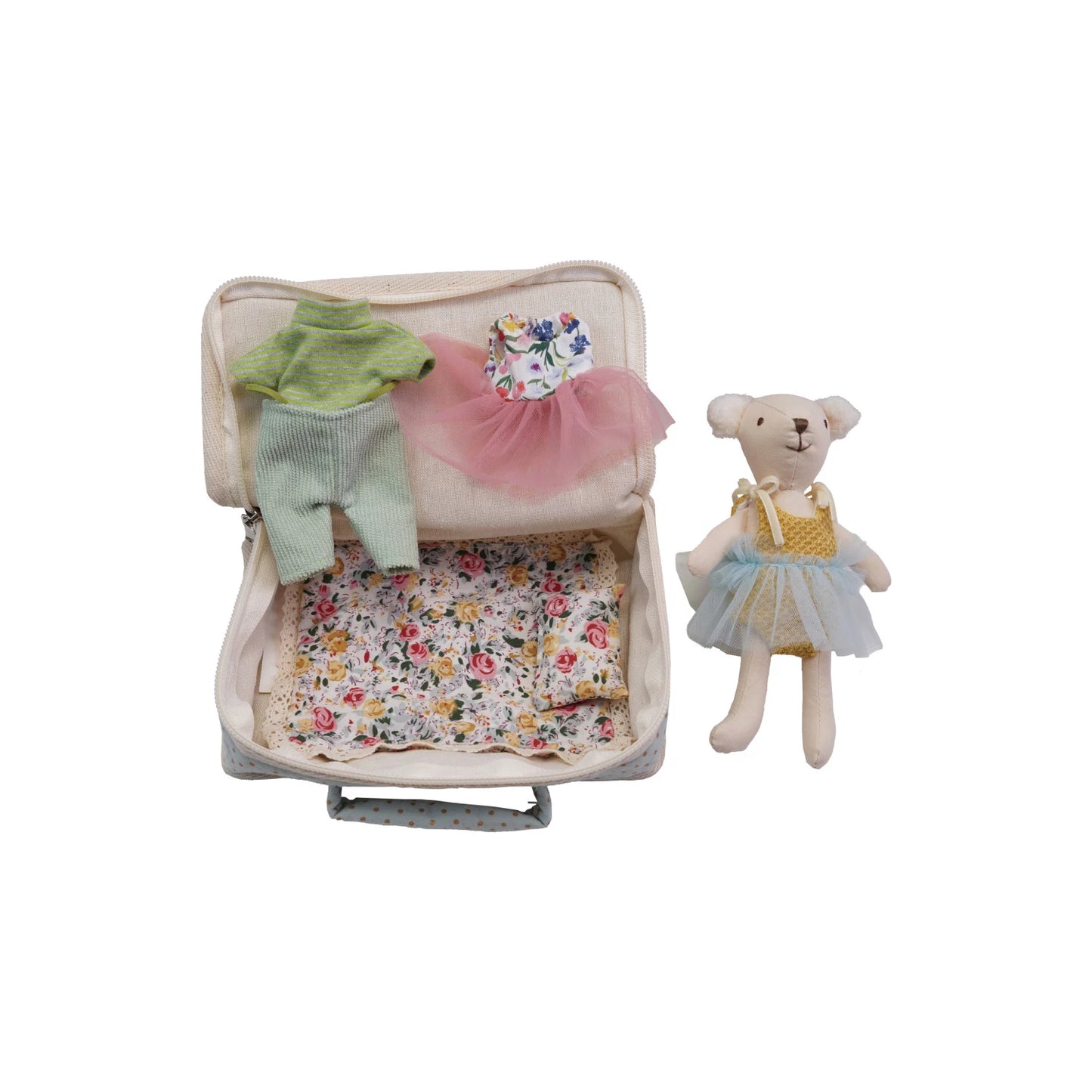 Fabric Suitcase Bed with Plush Bear & Outfits, Feathered Farmhouse
