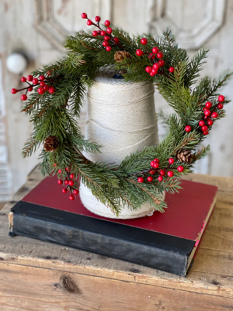 White Spruce + Berries Candle Ring, Feathered Farmhouse